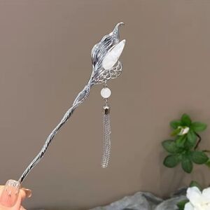 Brand New Silver With White Bead Hair Pin